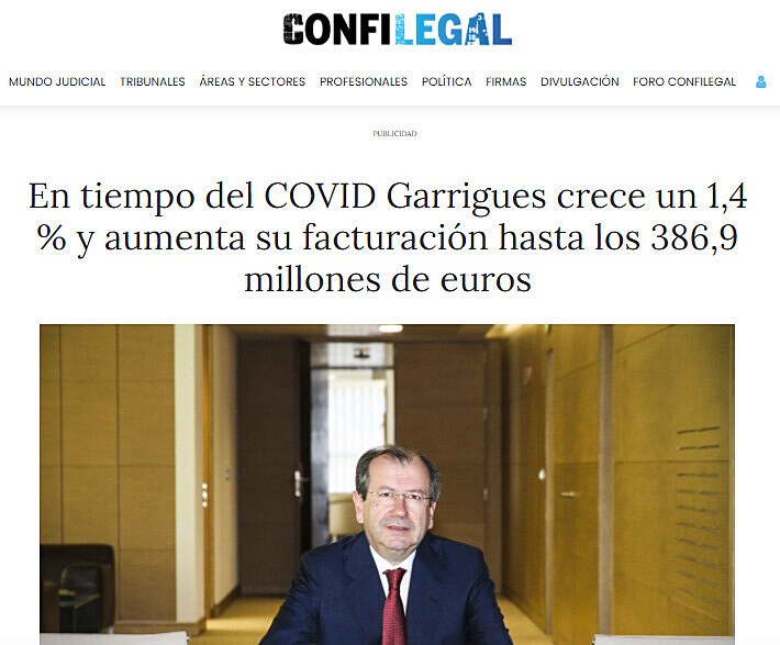 En tiempo del COVID Garrigues crece un 1,4 % y aumenta su facturacin hasta los 386,9 millones de euros